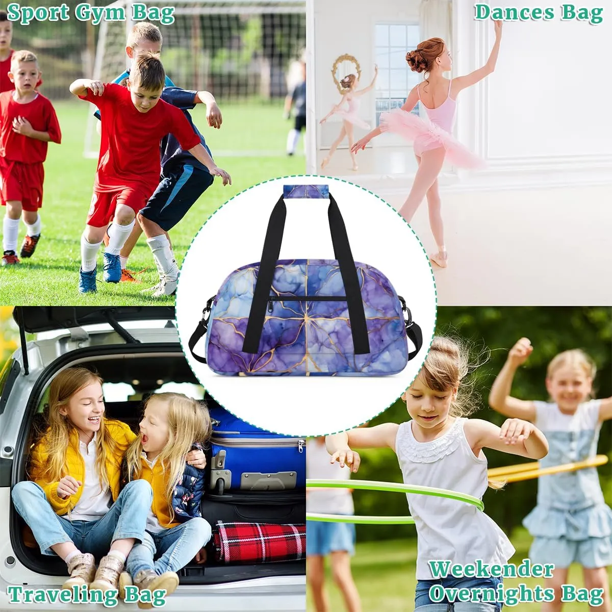 Blue Gold Marble Style Boys Girls Gym Bag Dance Perform Training Duffel Bags Weekender Carry-On Tote Luggage Bag Ideal for School Practice or Overnight Trips