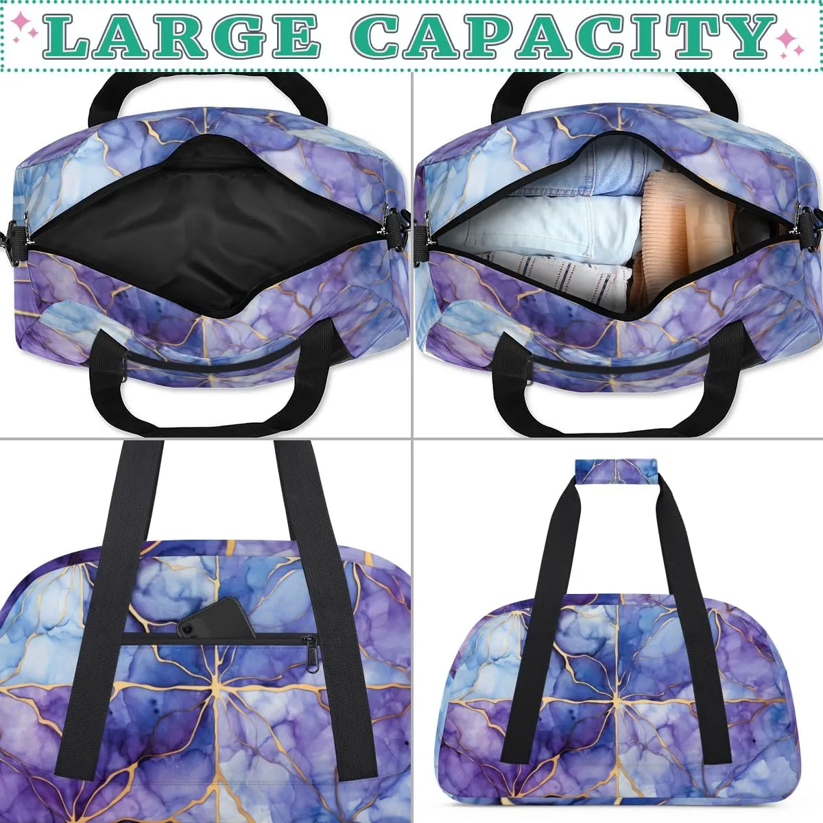 Blue Gold Marble Style Boys Girls Gym Bag Dance Perform Training Duffel Bags Weekender Carry-On Tote Luggage Bag Ideal for School Practice or Overnight Trips