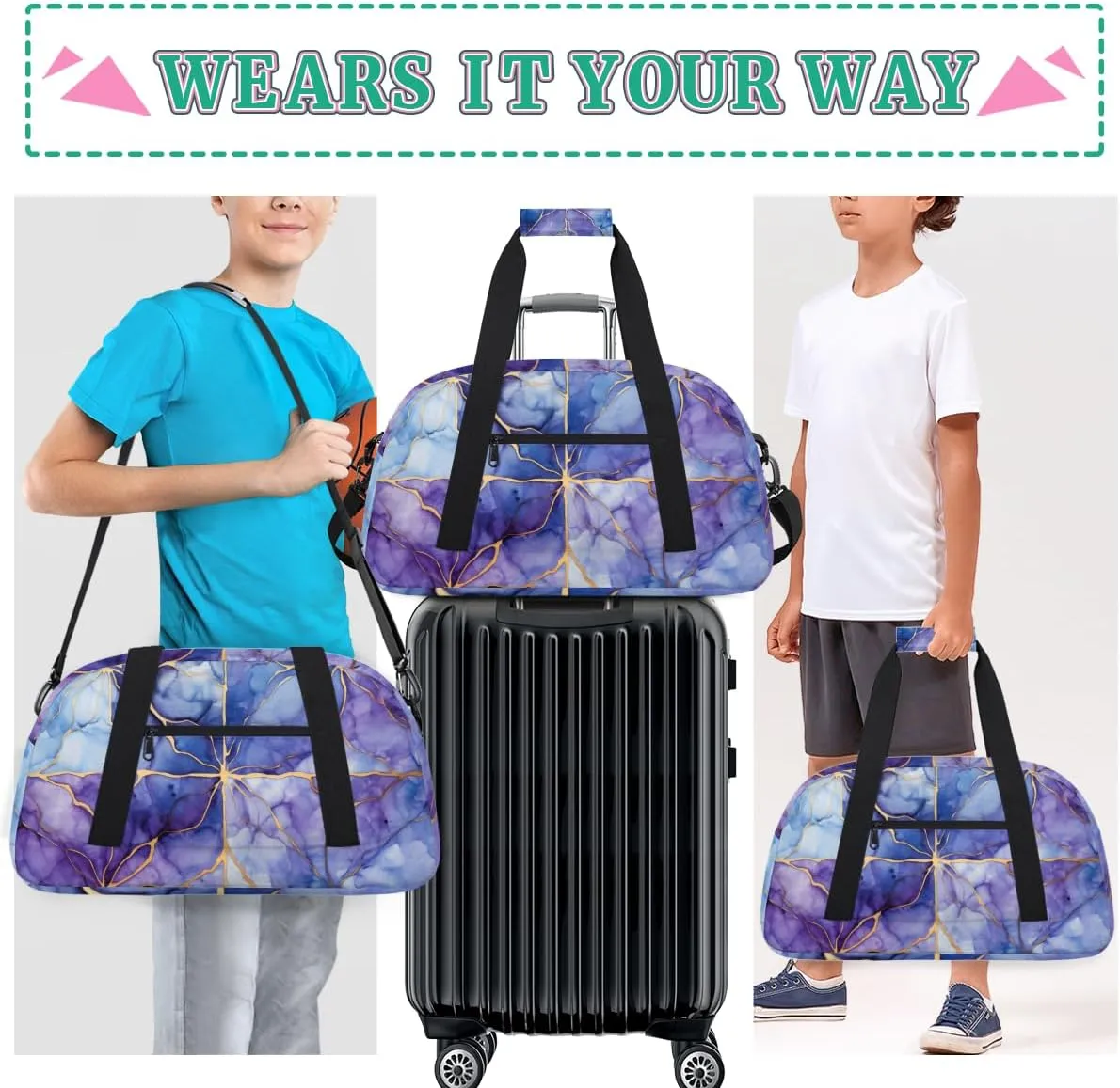 Blue Gold Marble Style Boys Girls Gym Bag Dance Perform Training Duffel Bags Weekender Carry-On Tote Luggage Bag Ideal for School Practice or Overnight Trips