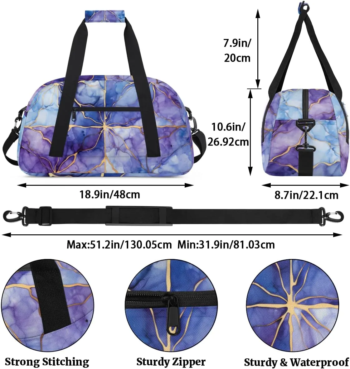 Blue Gold Marble Style Boys Girls Gym Bag Dance Perform Training Duffel Bags Weekender Carry-On Tote Luggage Bag Ideal for School Practice or Overnight Trips