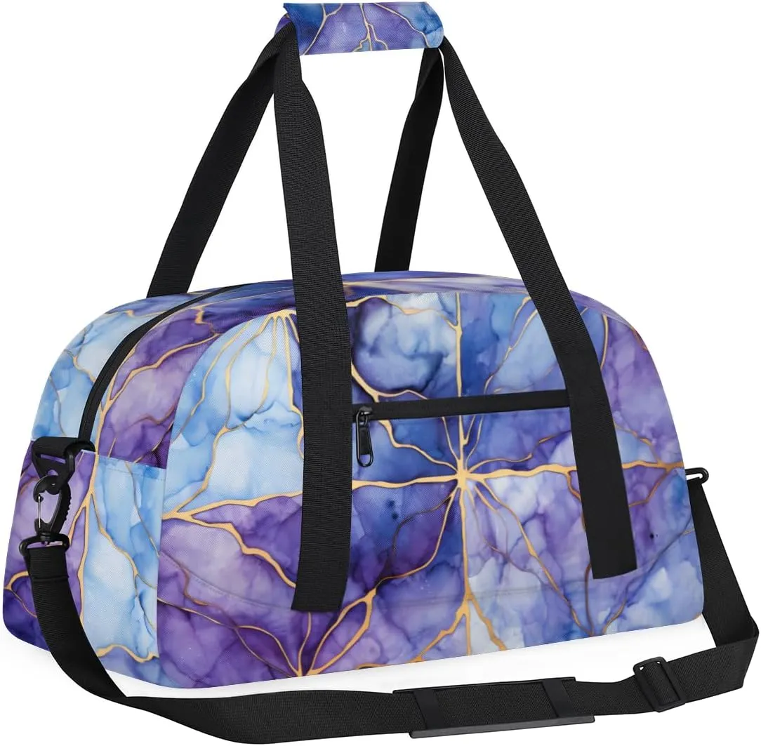 Blue Gold Marble Style Boys Girls Gym Bag Dance Perform Training Duffel Bags Weekender Carry-On Tote Luggage Bag Ideal for School Practice or Overnight Trips