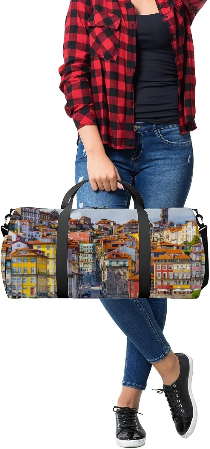 Blue Porto Portugal Old Town Sports Bag Tote Bag Waterproof Gym Bag with Shoulder Strap Zipper 2 Side Pockets for Men and Women, Travel and Storage Shoulder Bag.
