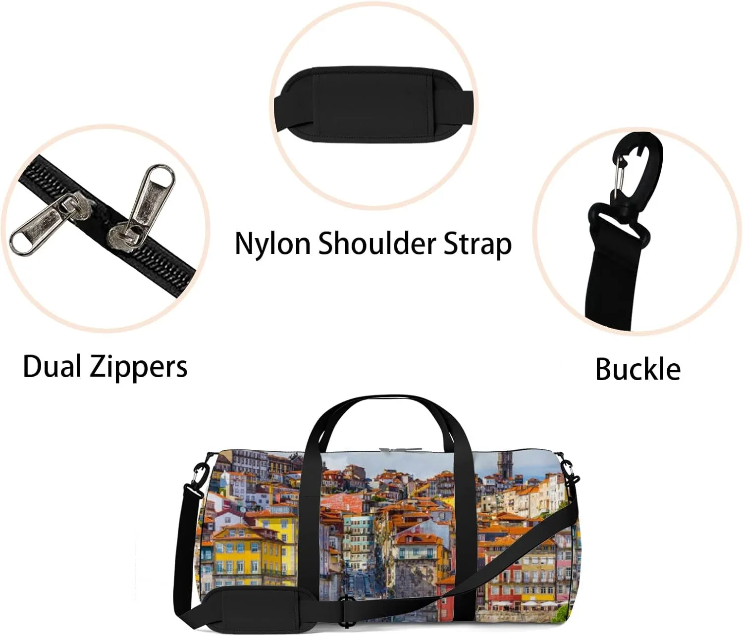 Blue Porto Portugal Old Town Sports Bag Tote Bag Waterproof Gym Bag with Shoulder Strap Zipper 2 Side Pockets for Men and Women, Travel and Storage Shoulder Bag.