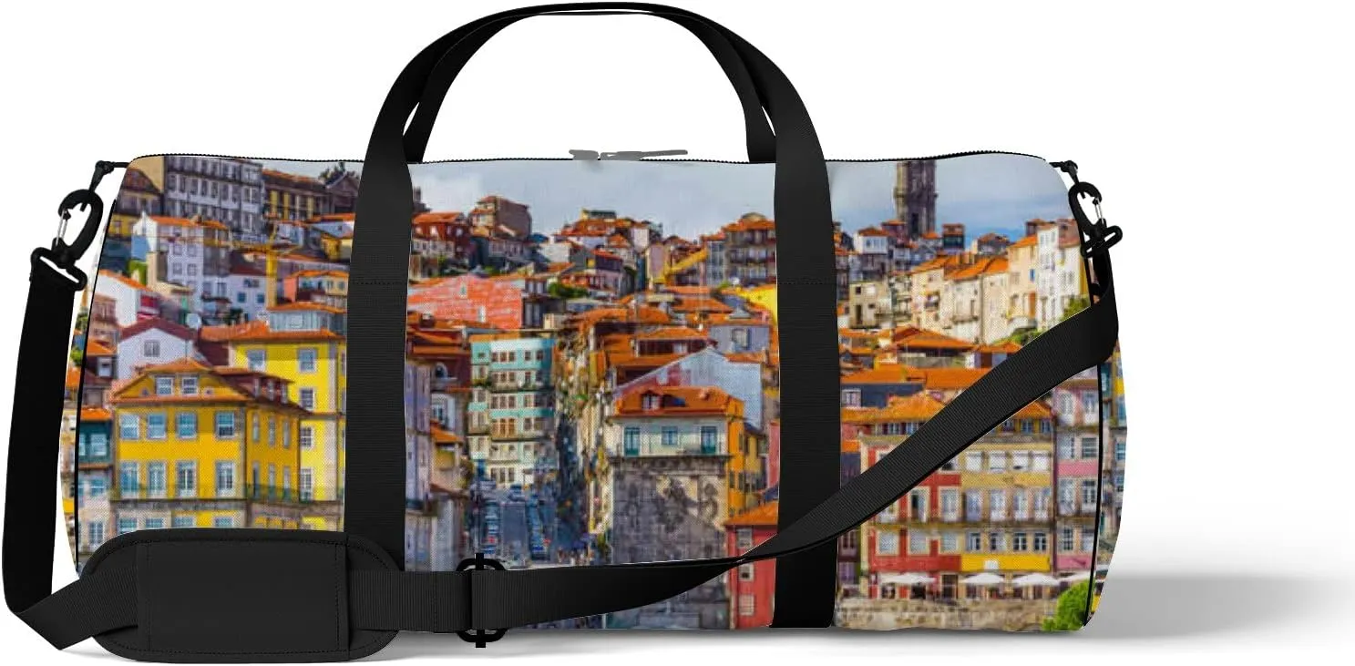 Blue Porto Portugal Old Town Sports Bag Tote Bag Waterproof Gym Bag with Shoulder Strap Zipper 2 Side Pockets for Men and Women, Travel and Storage Shoulder Bag.