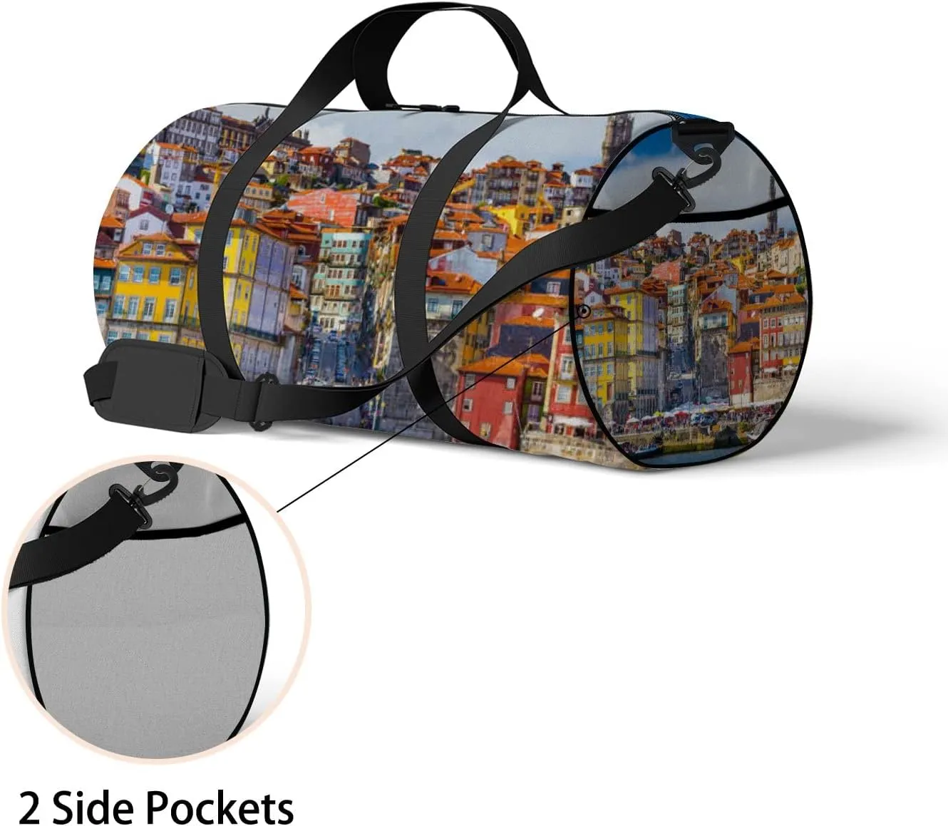 Blue Porto Portugal Old Town Sports Bag Tote Bag Waterproof Gym Bag with Shoulder Strap Zipper 2 Side Pockets for Men and Women, Travel and Storage Shoulder Bag.