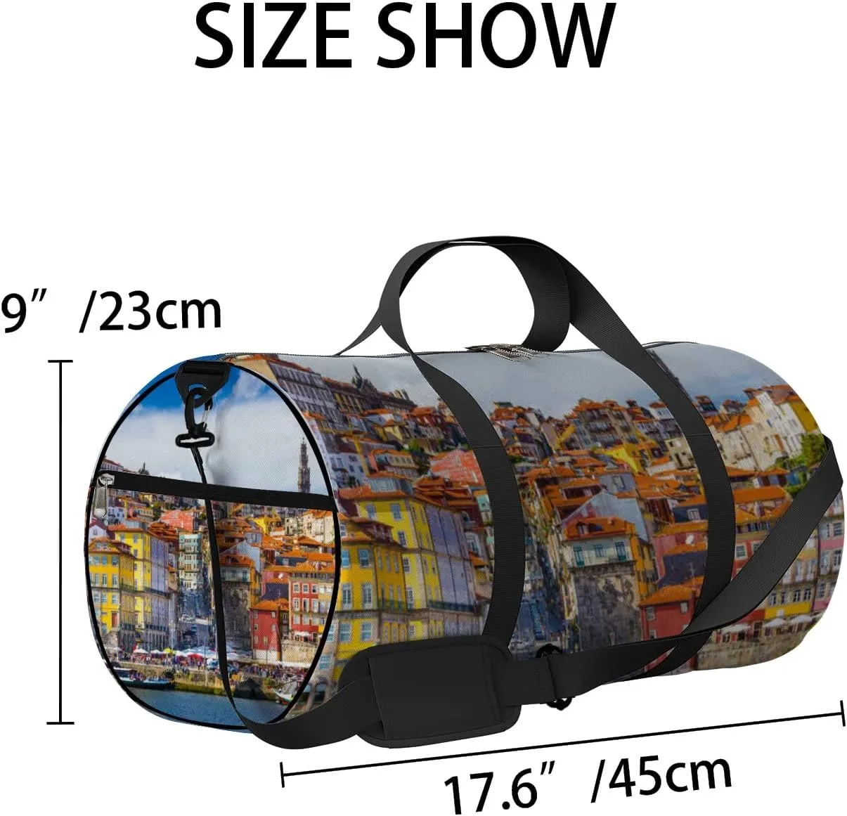 Blue Porto Portugal Old Town Sports Bag Tote Bag Waterproof Gym Bag with Shoulder Strap Zipper 2 Side Pockets for Men and Women, Travel and Storage Shoulder Bag.