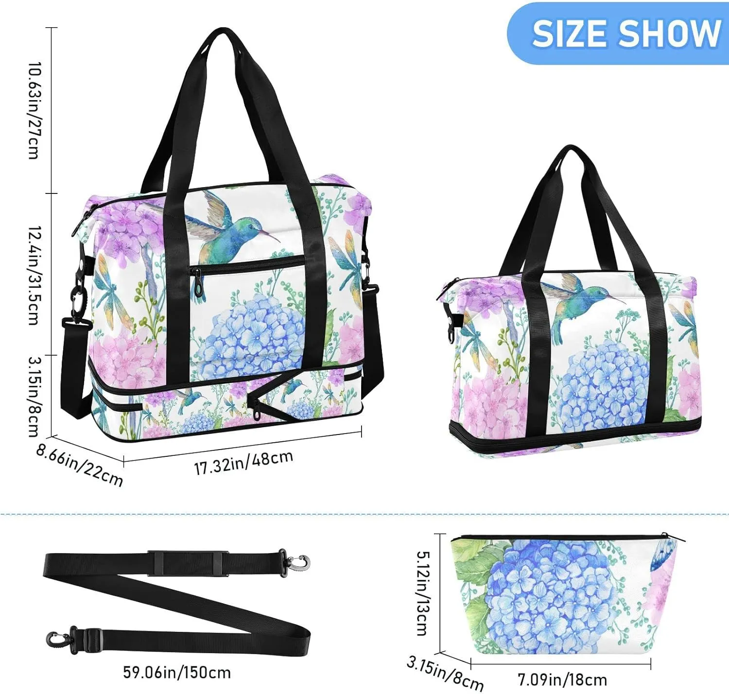 Blue Purple Hydrangea Flowers, Hummingbird Bird Green Leaves Gym Duffel Bag, Polyester Travel Weekender Luggage Handbag with Waterproof Pocket for Wet Items, Unisex Foldable Tote for Sports