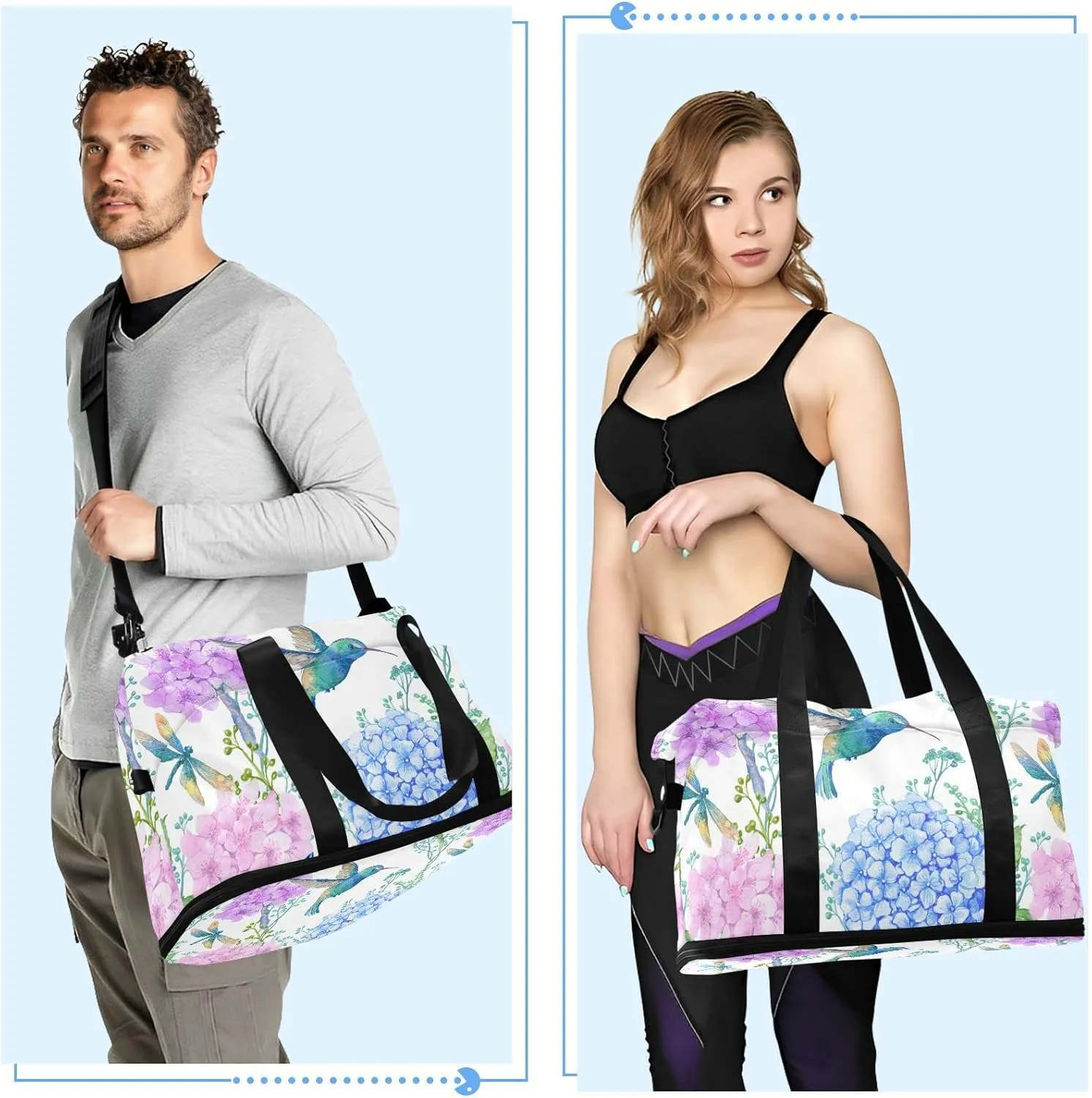 Blue Purple Hydrangea Flowers, Hummingbird Bird Green Leaves Gym Duffel Bag, Polyester Travel Weekender Luggage Handbag with Waterproof Pocket for Wet Items, Unisex Foldable Tote for Sports