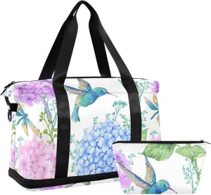 Blue Purple Hydrangea Flowers, Hummingbird Bird Green Leaves Gym Duffel Bag, Polyester Travel Weekender Luggage Handbag with Waterproof Pocket for Wet Items, Unisex Foldable Tote for Sports