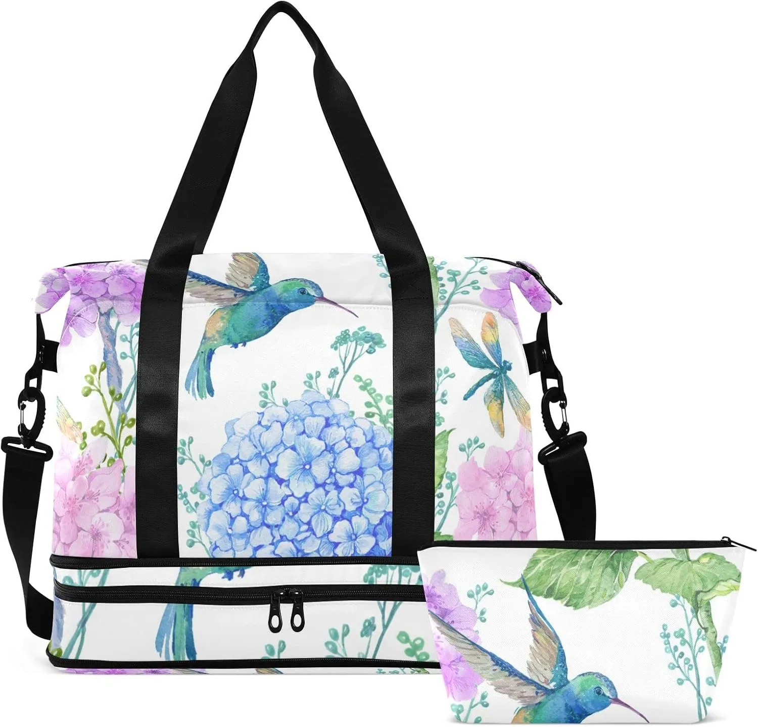 Blue Purple Hydrangea Flowers, Hummingbird Bird Green Leaves Gym Duffel Bag, Polyester Travel Weekender Luggage Handbag with Waterproof Pocket for Wet Items, Unisex Foldable Tote for Sports
