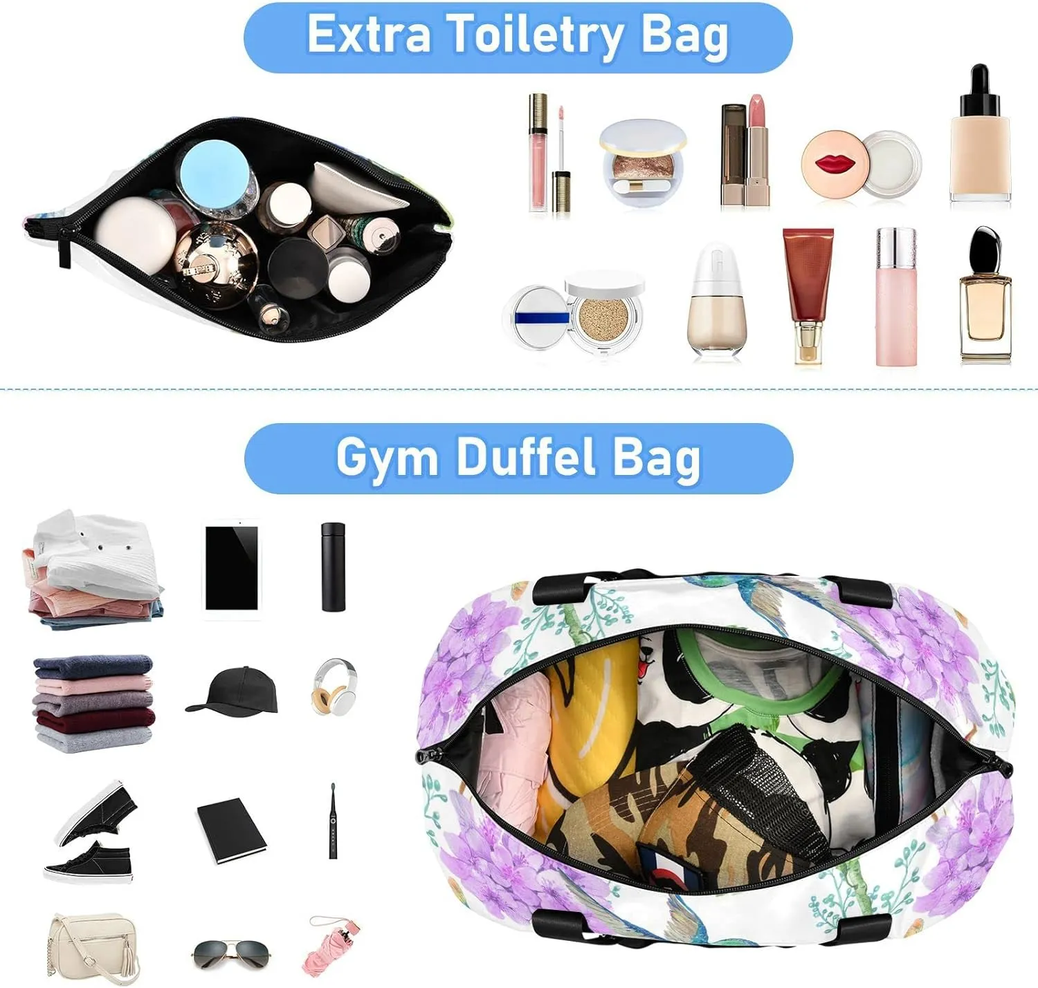 Blue Purple Hydrangea Flowers, Hummingbird Bird Green Leaves Gym Duffel Bag, Polyester Travel Weekender Luggage Handbag with Waterproof Pocket for Wet Items, Unisex Foldable Tote for Sports