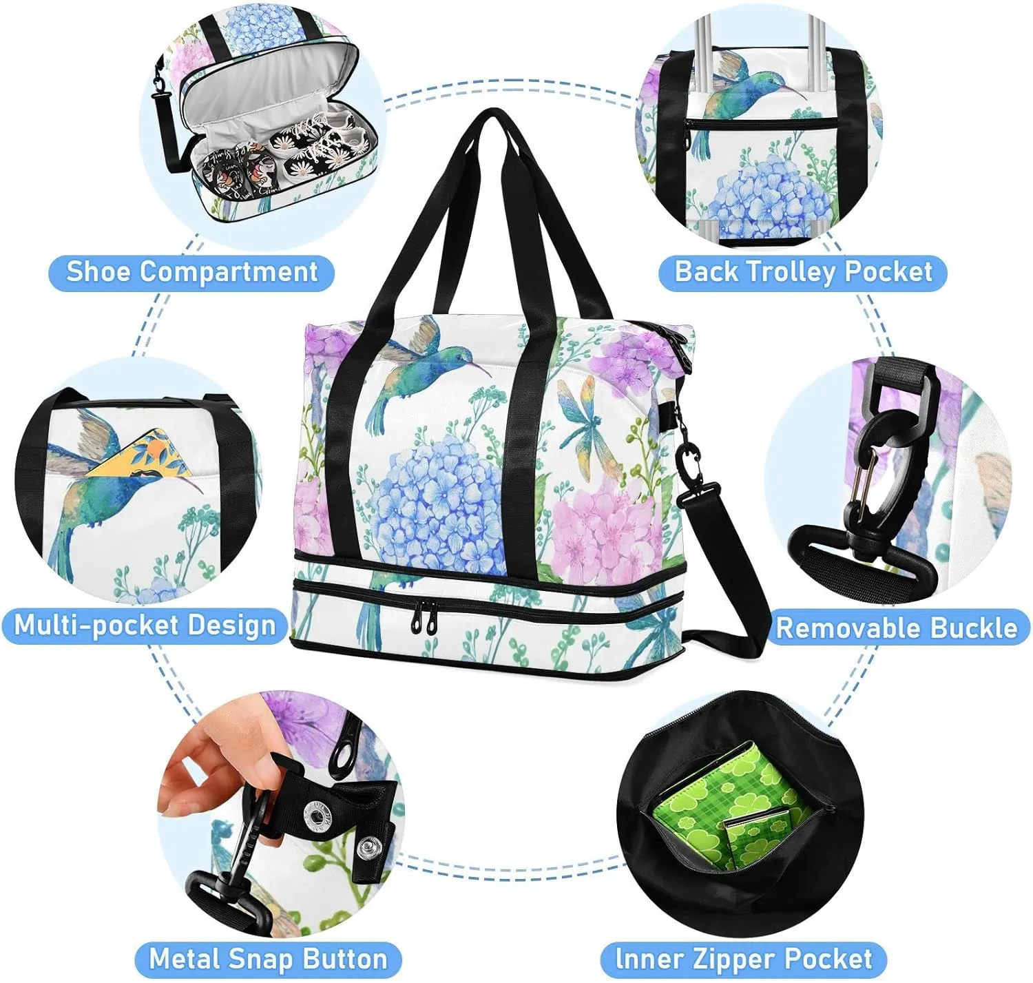 Blue Purple Hydrangea Flowers, Hummingbird Bird Green Leaves Gym Duffel Bag, Polyester Travel Weekender Luggage Handbag with Waterproof Pocket for Wet Items, Unisex Foldable Tote for Sports
