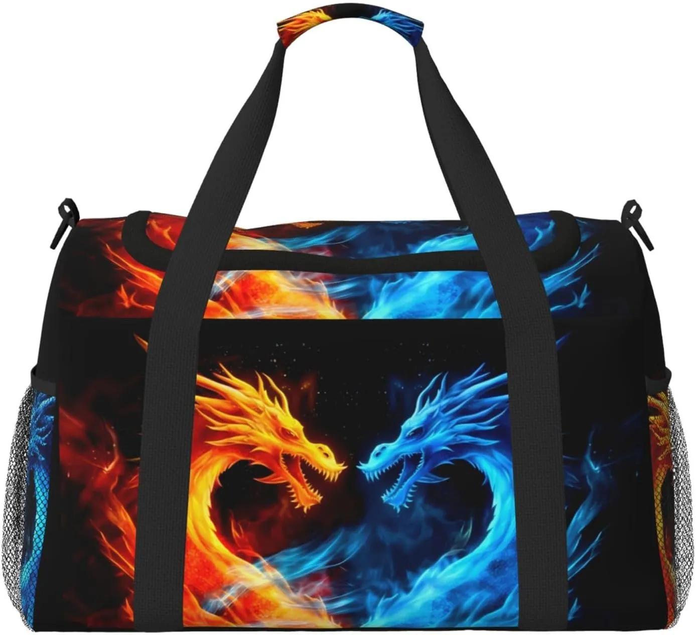 Blue Red Dragon Big Capacity Sports Gym Bag Portable Travel Duffle Bag, Fire Lightweight Weekender Workout Bag for Overnight, Unisex