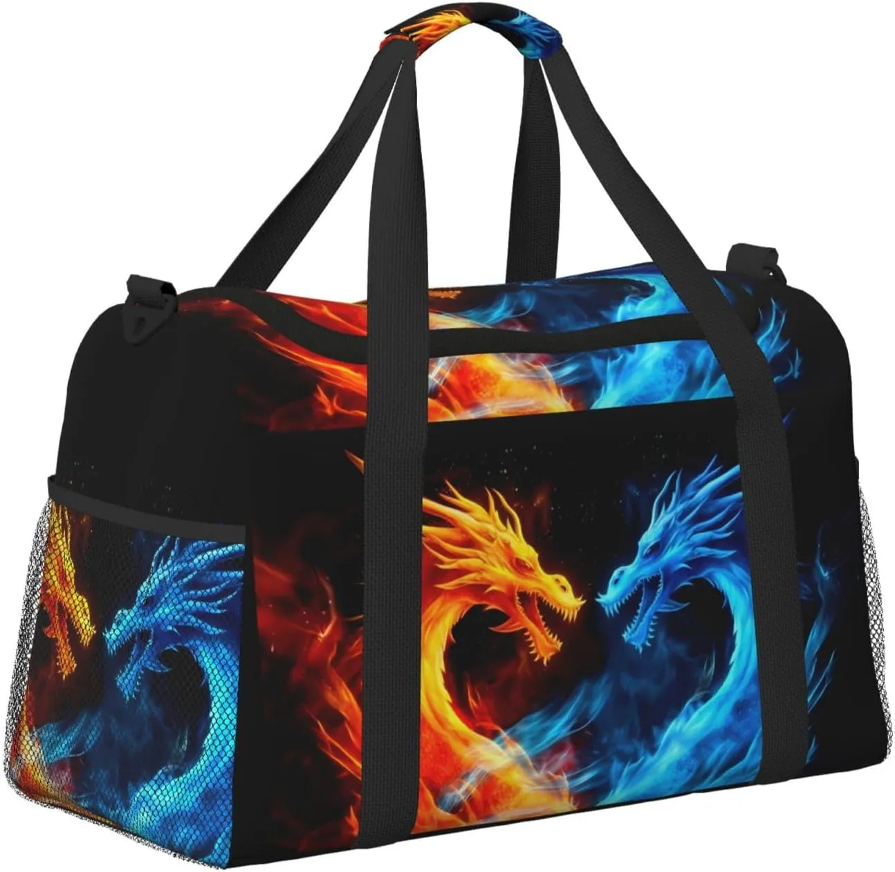 Blue Red Dragon Big Capacity Sports Gym Bag Portable Travel Duffle Bag, Fire Lightweight Weekender Workout Bag for Overnight, Unisex