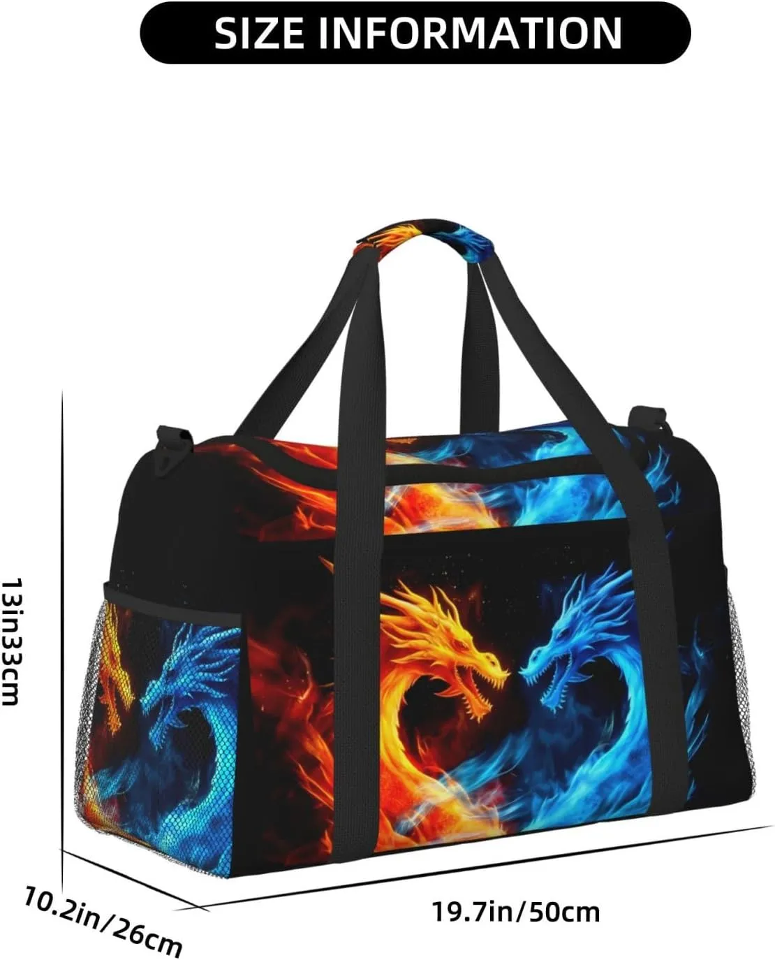Blue Red Dragon Big Capacity Sports Gym Bag Portable Travel Duffle Bag, Fire Lightweight Weekender Workout Bag for Overnight, Unisex