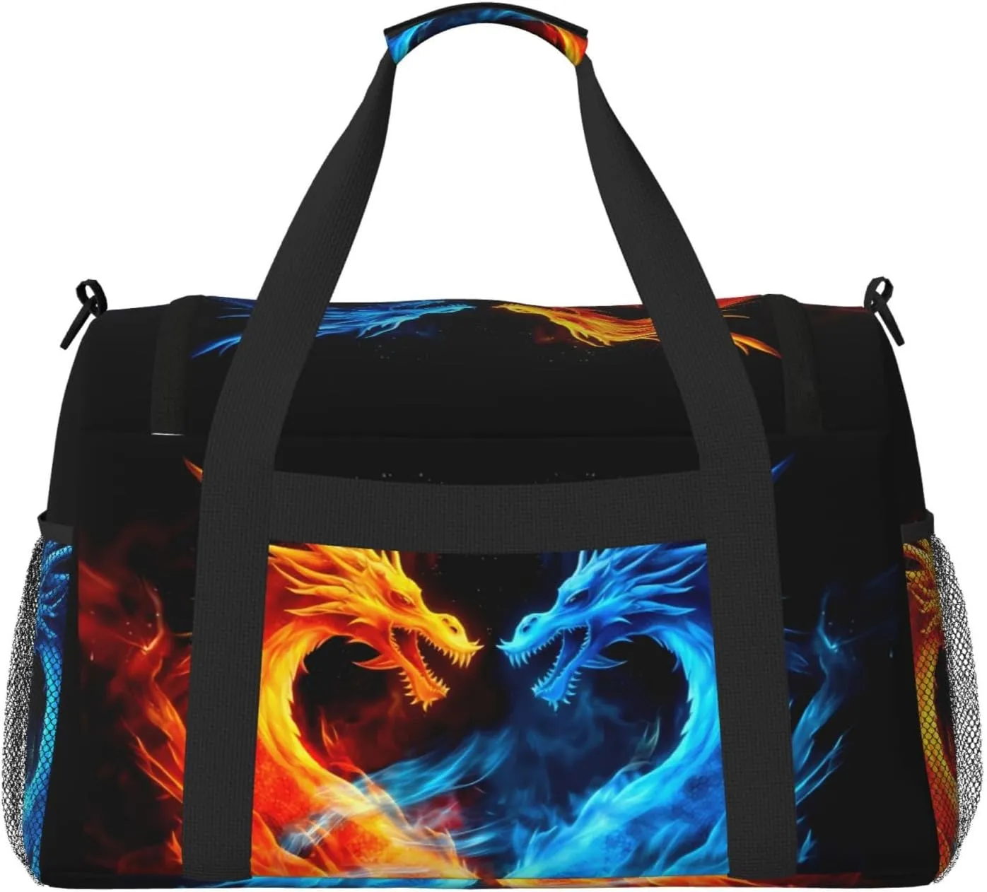 Blue Red Dragon Big Capacity Sports Gym Bag Portable Travel Duffle Bag, Fire Lightweight Weekender Workout Bag for Overnight, Unisex