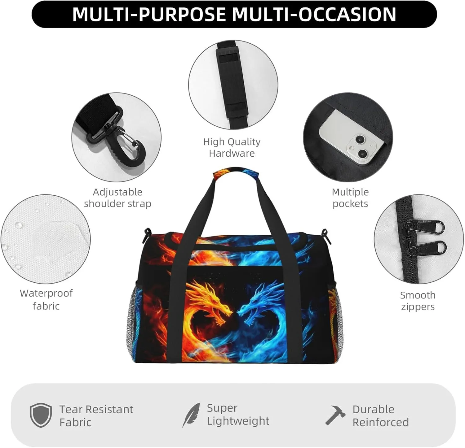 Blue Red Dragon Big Capacity Sports Gym Bag Portable Travel Duffle Bag, Fire Lightweight Weekender Workout Bag for Overnight, Unisex
