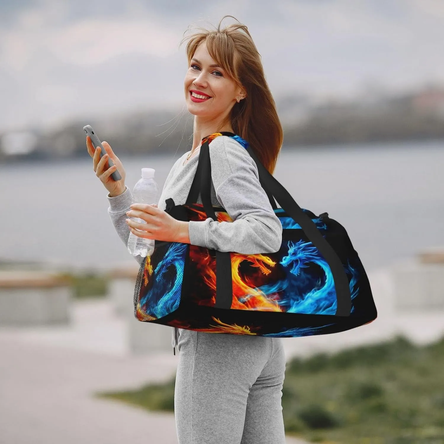Blue Red Dragon Big Capacity Sports Gym Bag Portable Travel Duffle Bag, Fire Lightweight Weekender Workout Bag for Overnight, Unisex