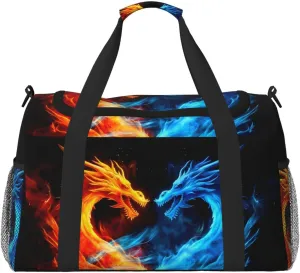 Blue Red Dragon Big Capacity Sports Gym Bag Portable Travel Duffle Bag, Fire Lightweight Weekender Workout Bag for Overnight, Unisex