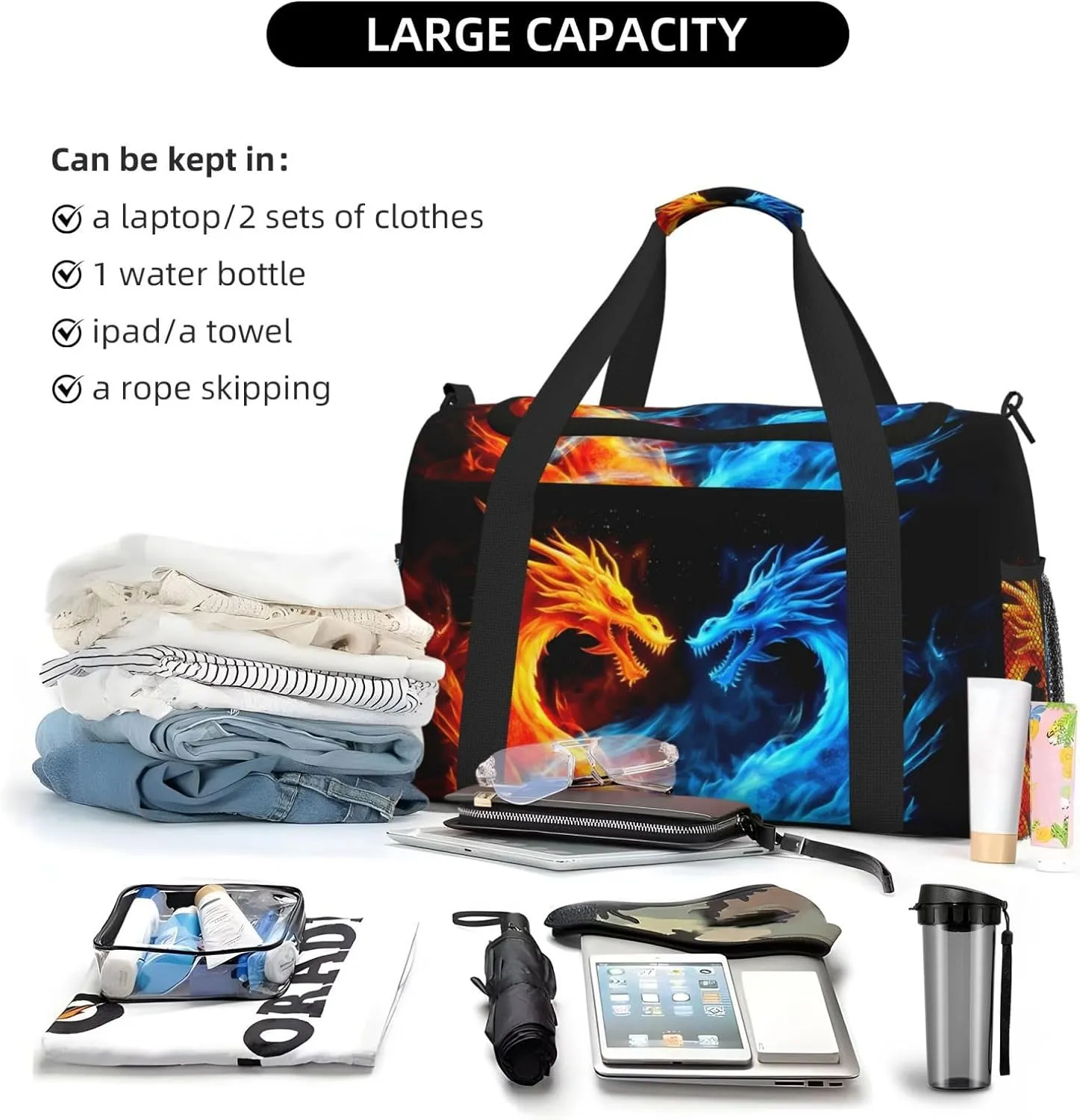 Blue Red Dragon Big Capacity Sports Gym Bag Portable Travel Duffle Bag, Fire Lightweight Weekender Workout Bag for Overnight, Unisex