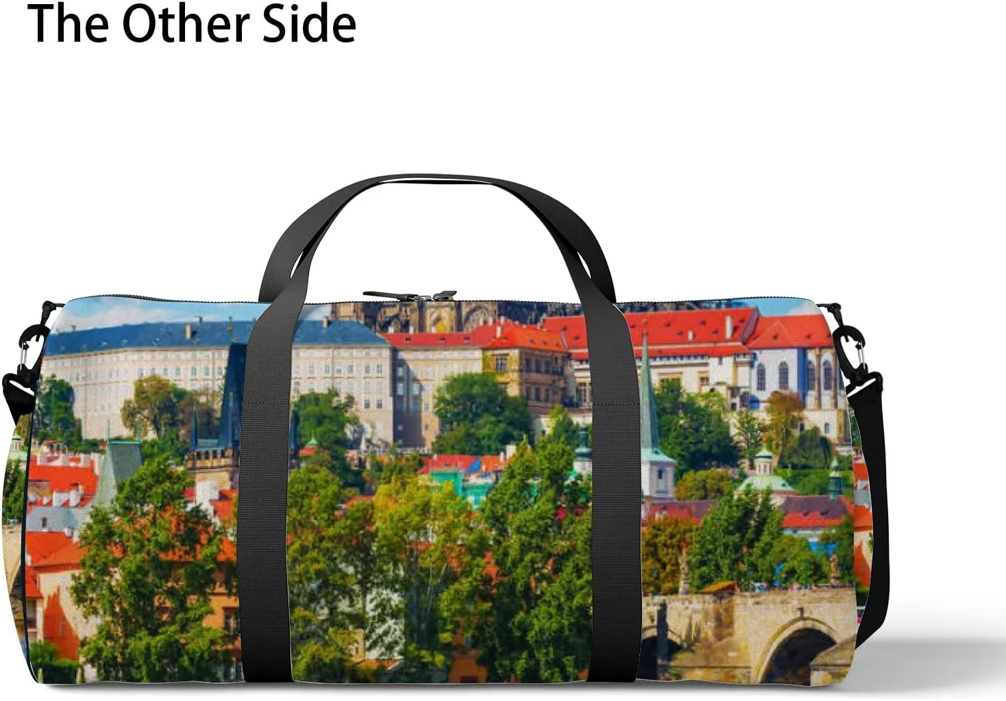Blue Scenic Summer Panorama Old Town Architecture Sports Bag Tote Bag Waterproof Gym Bag with Shoulder Strap Zipper 2 Side Pockets for Men and Women, Travel and Storage Shoulder Bag.