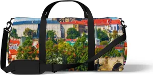 Blue Scenic Summer Panorama Old Town Architecture Sports Bag Tote Bag Waterproof Gym Bag with Shoulder Strap Zipper 2 Side Pockets for Men and Women, Travel and Storage Shoulder Bag.