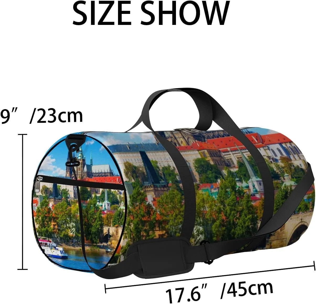 Blue Scenic Summer Panorama Old Town Architecture Sports Bag Tote Bag Waterproof Gym Bag with Shoulder Strap Zipper 2 Side Pockets for Men and Women, Travel and Storage Shoulder Bag.