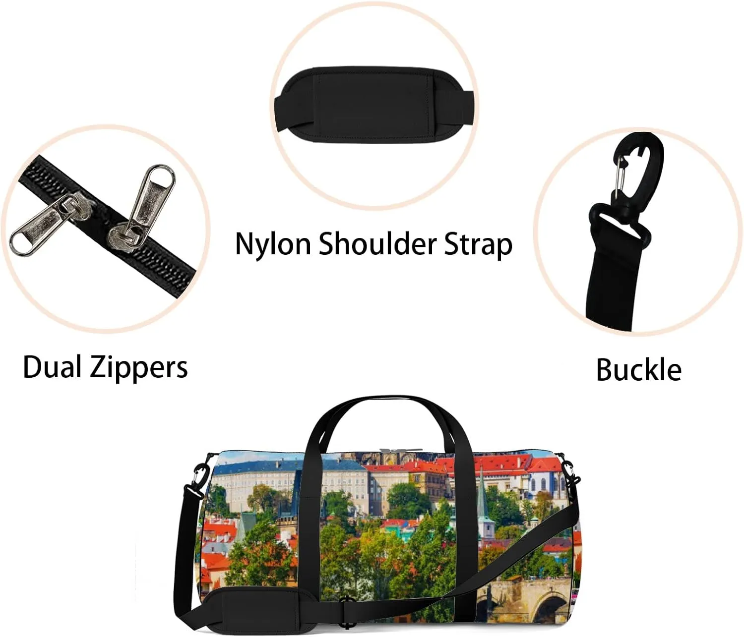 Blue Scenic Summer Panorama Old Town Architecture Sports Bag Tote Bag Waterproof Gym Bag with Shoulder Strap Zipper 2 Side Pockets for Men and Women, Travel and Storage Shoulder Bag.
