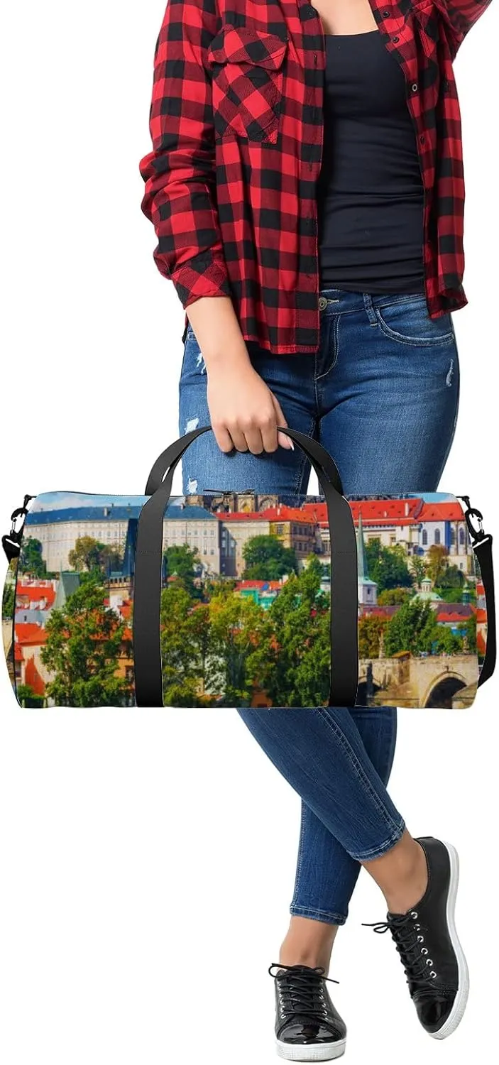 Blue Scenic Summer Panorama Old Town Architecture Sports Bag Tote Bag Waterproof Gym Bag with Shoulder Strap Zipper 2 Side Pockets for Men and Women, Travel and Storage Shoulder Bag.