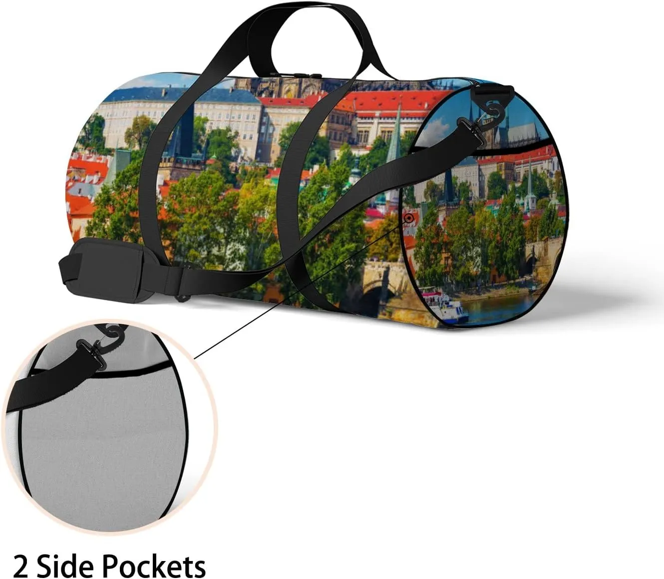 Blue Scenic Summer Panorama Old Town Architecture Sports Bag Tote Bag Waterproof Gym Bag with Shoulder Strap Zipper 2 Side Pockets for Men and Women, Travel and Storage Shoulder Bag.
