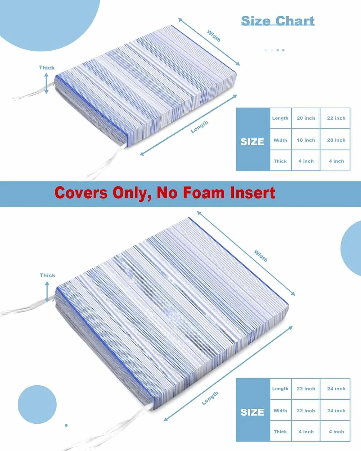 Blue Stripe Outdoor Cushion Chair Cover Set of 4 - Waterproof Couch Seat Covers, Abstract Art Modern Vertical Striped Patio Furniture Protector Cushions Slipcovers for Sofa/RV, 22"x20"x4"