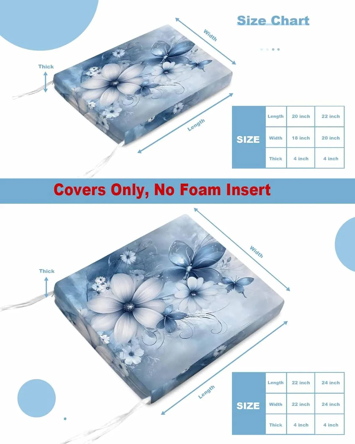 Blue White Daisy Outdoor Cushion Chair Cover Set of 2 - Waterproof Couch Seat Covers, Luxury Farmhouse Botanical Flower Patio Furniture Protector Cushions Slipcovers for Sofa/RV, 22"x20"x4"