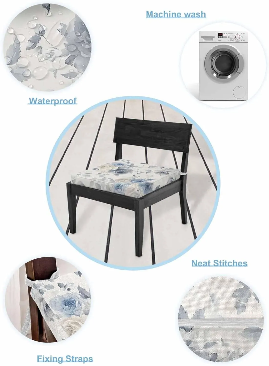 Blue White Floral Outdoor Cushion Chair Cover Set of 2 - Waterproof Couch Seat Covers, Botanical Garden Flowers Leaves Patio Furniture Protector Cushions Slipcovers for Sofa/RV, 22"x20"x4"