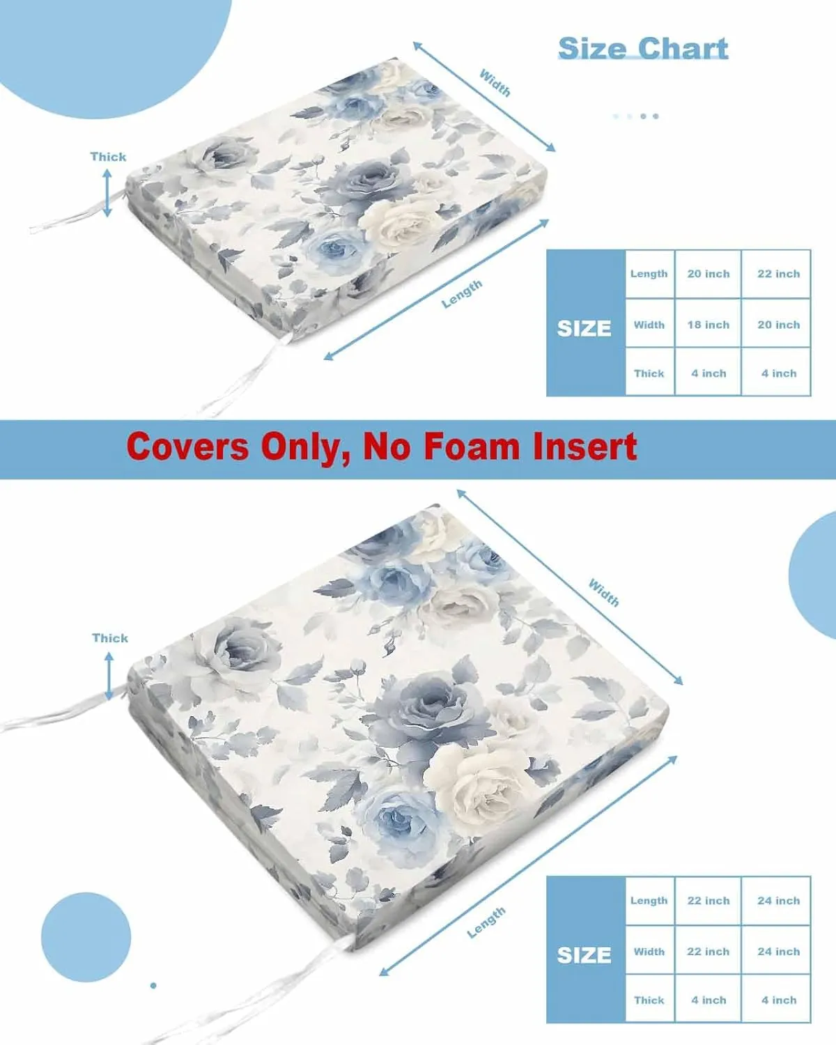Blue White Floral Outdoor Cushion Chair Cover Set of 2 - Waterproof Couch Seat Covers, Botanical Garden Flowers Leaves Patio Furniture Protector Cushions Slipcovers for Sofa/RV, 22"x20"x4"