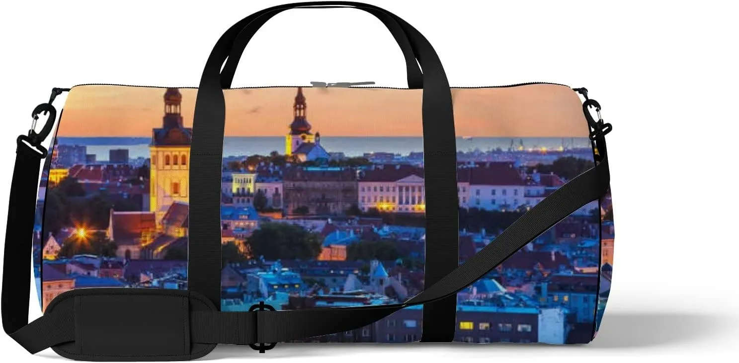 Blue Wonderful Evening Scenic Summer Tallinn Sports Bag Tote Bag Waterproof Gym Bag with Shoulder Strap Zipper 2 Side Pockets for Men and Women, Travel and Storage Shoulder Bag.