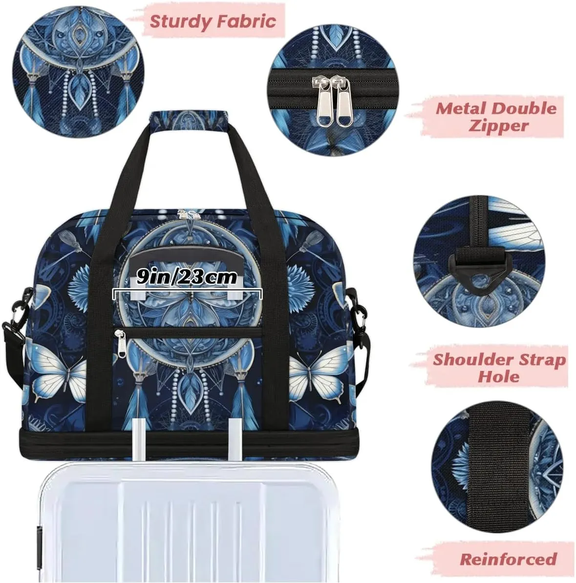 Boho DreamCatcher Retro Patterns Travel Duffle Bag, Collapsible Travel Bag Sports Gym Bag With Shoes Compartment Weekender Bag Overnight Bag For Women Men