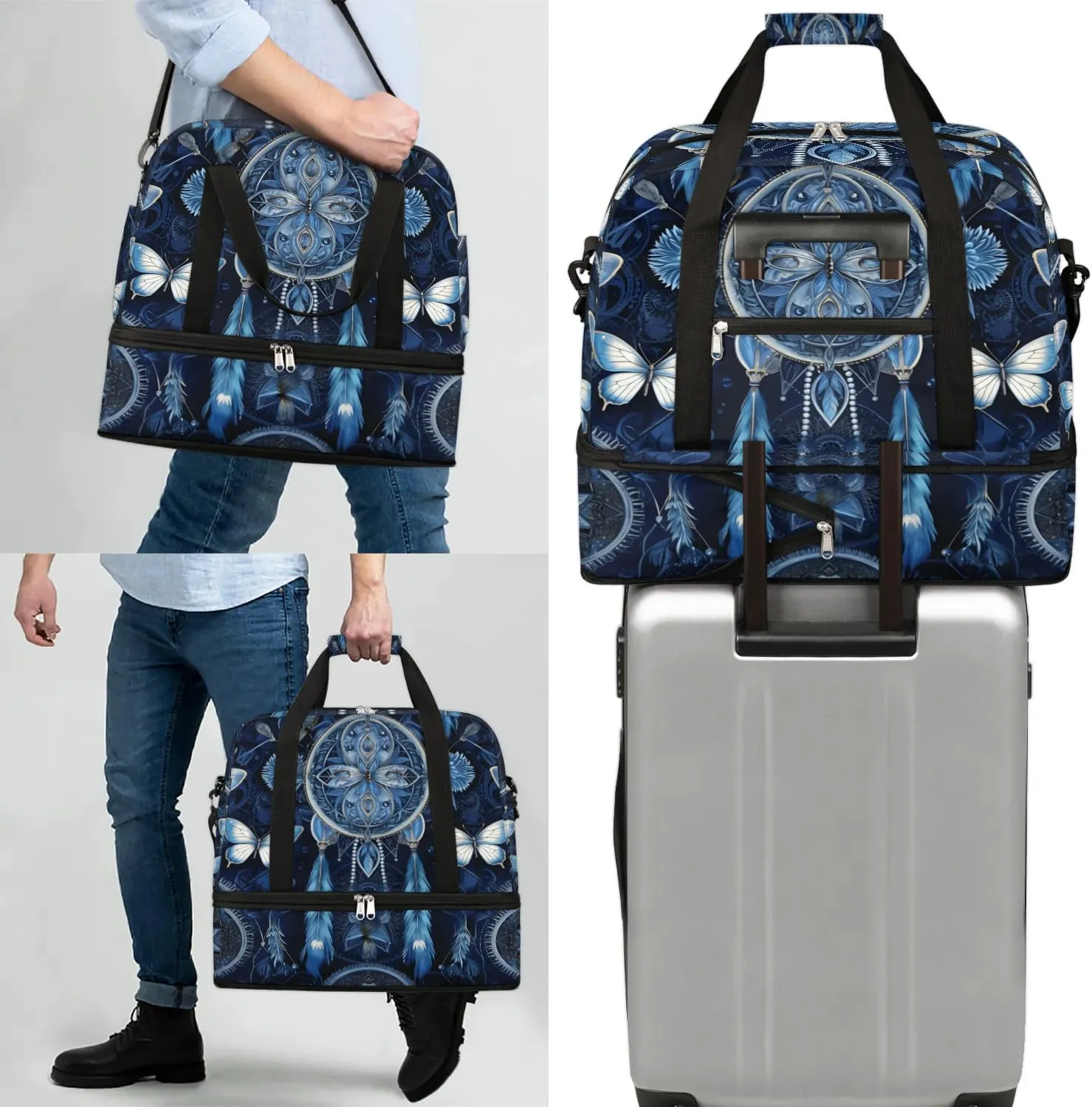 Boho DreamCatcher Retro Patterns Travel Duffle Bag, Collapsible Travel Bag Sports Gym Bag With Shoes Compartment Weekender Bag Overnight Bag For Women Men