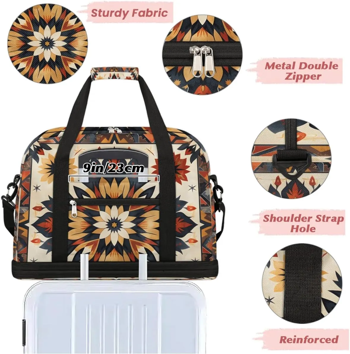 Boho Floral Prints Travel Duffle Bag, Collapsible Travel Bag Sports Gym Bag With Shoes Compartment Weekender Bag Overnight Bag For Women Men