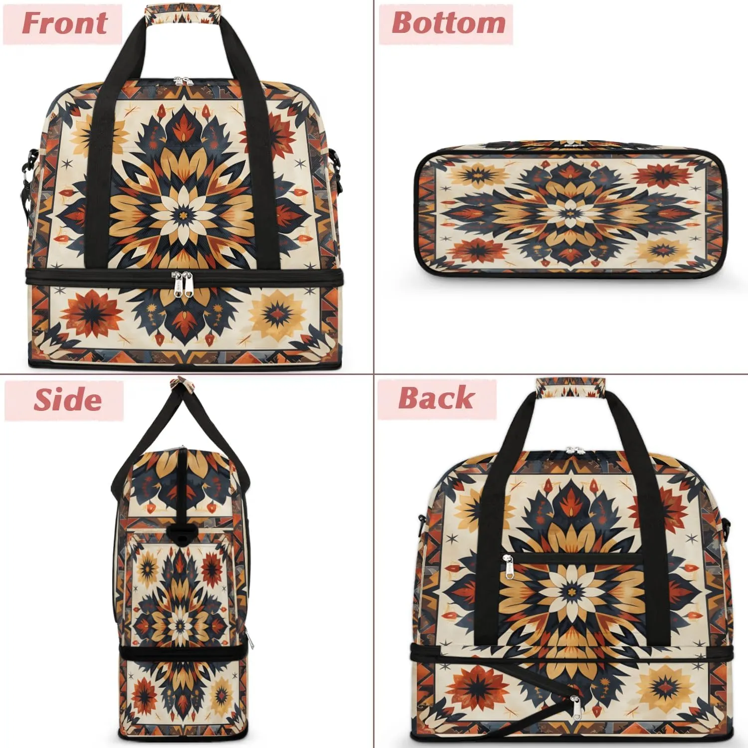 Boho Floral Prints Travel Duffle Bag, Collapsible Travel Bag Sports Gym Bag With Shoes Compartment Weekender Bag Overnight Bag For Women Men