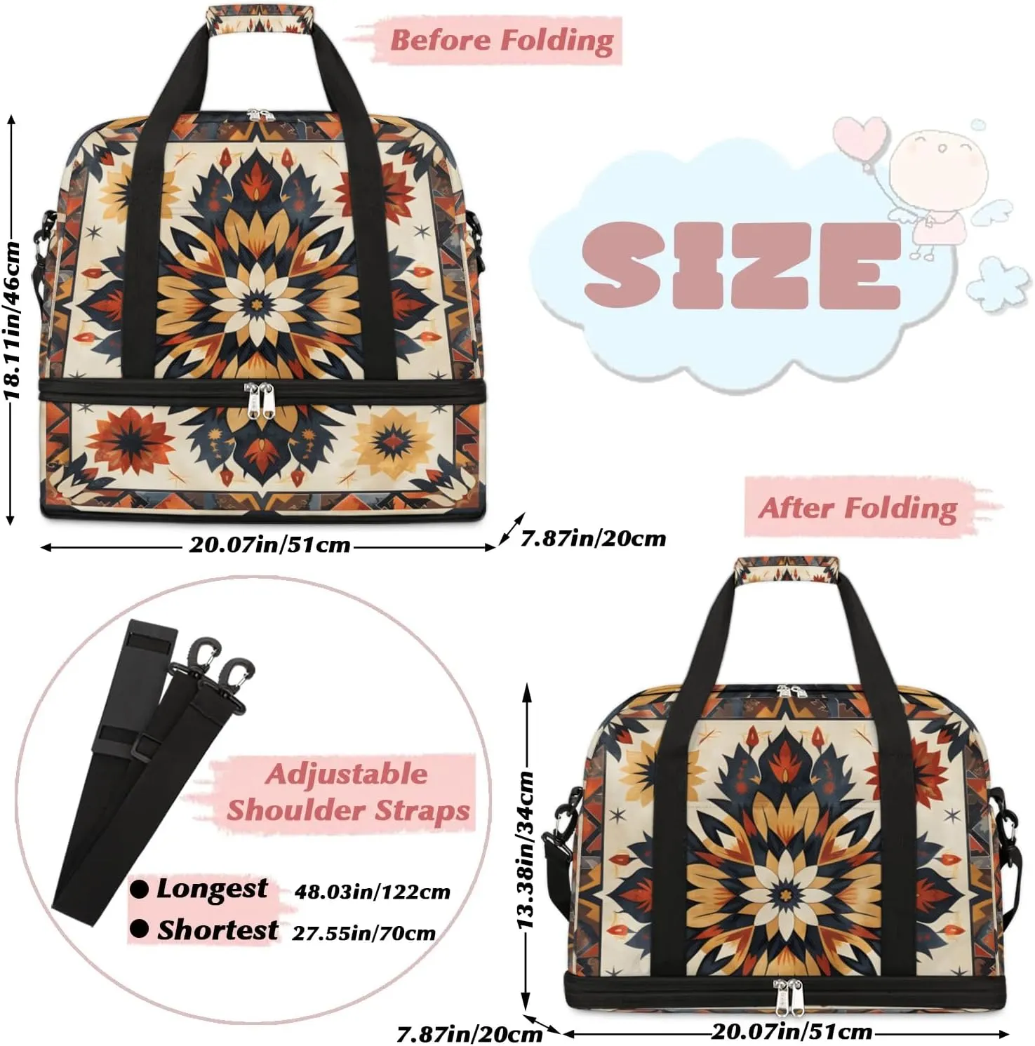 Boho Floral Prints Travel Duffle Bag, Collapsible Travel Bag Sports Gym Bag With Shoes Compartment Weekender Bag Overnight Bag For Women Men