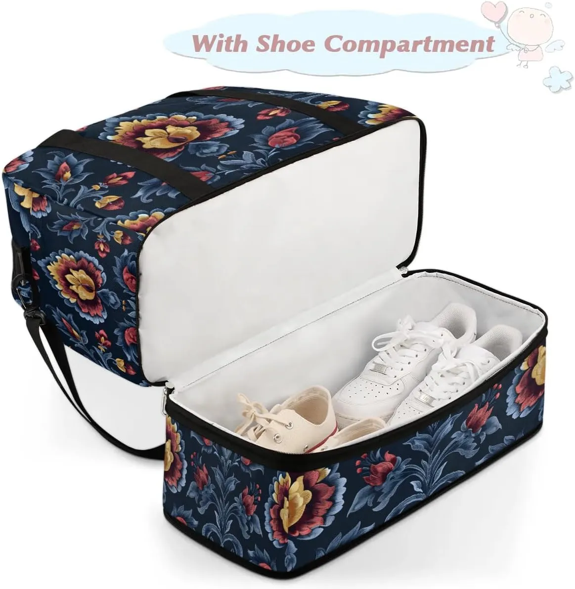 Boho Flower Print Travel Duffle Bag, Collapsible Travel Bag Sports Gym Bag With Shoes Compartment Weekender Bag Overnight Bag For Women Men