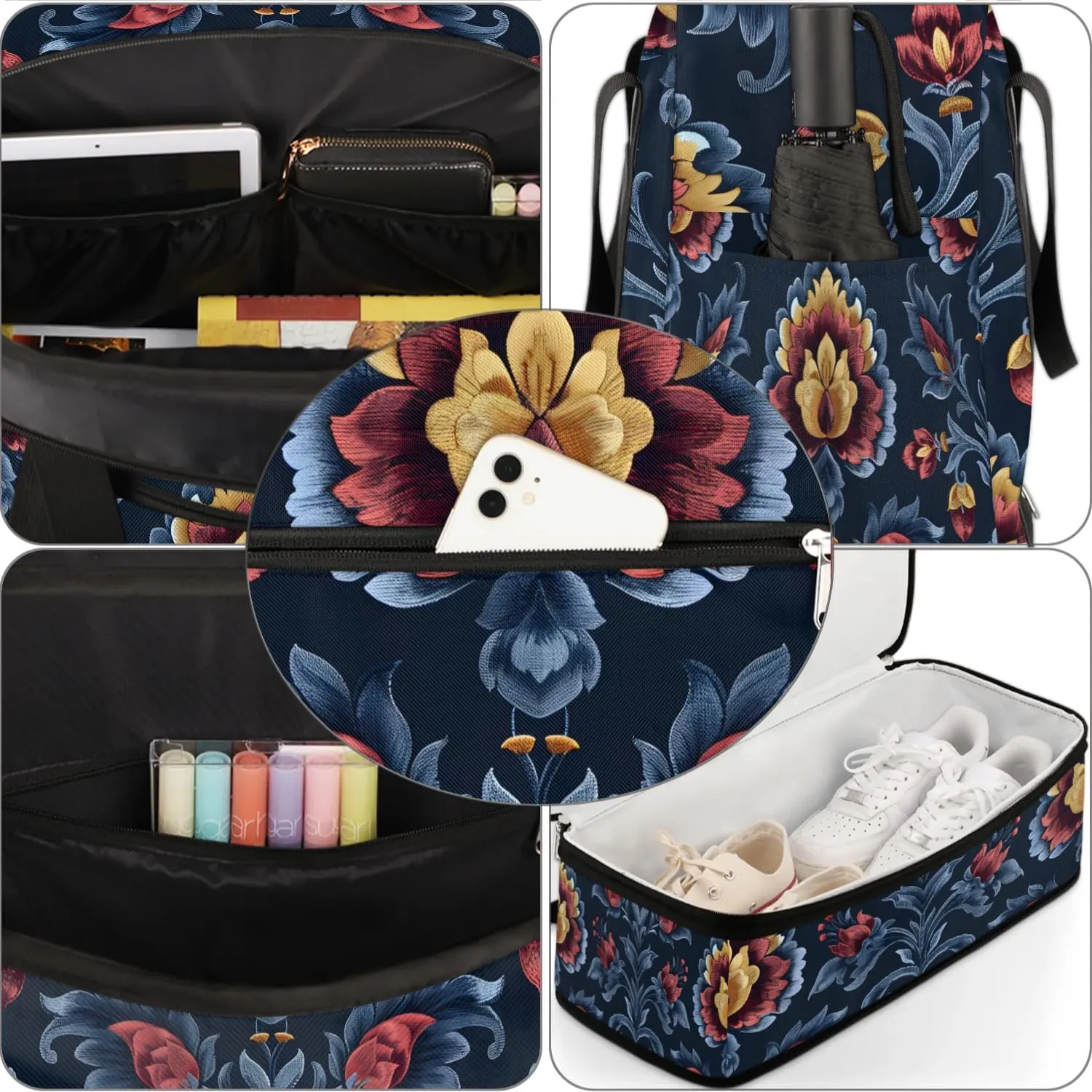 Boho Flower Print Travel Duffle Bag, Collapsible Travel Bag Sports Gym Bag With Shoes Compartment Weekender Bag Overnight Bag For Women Men