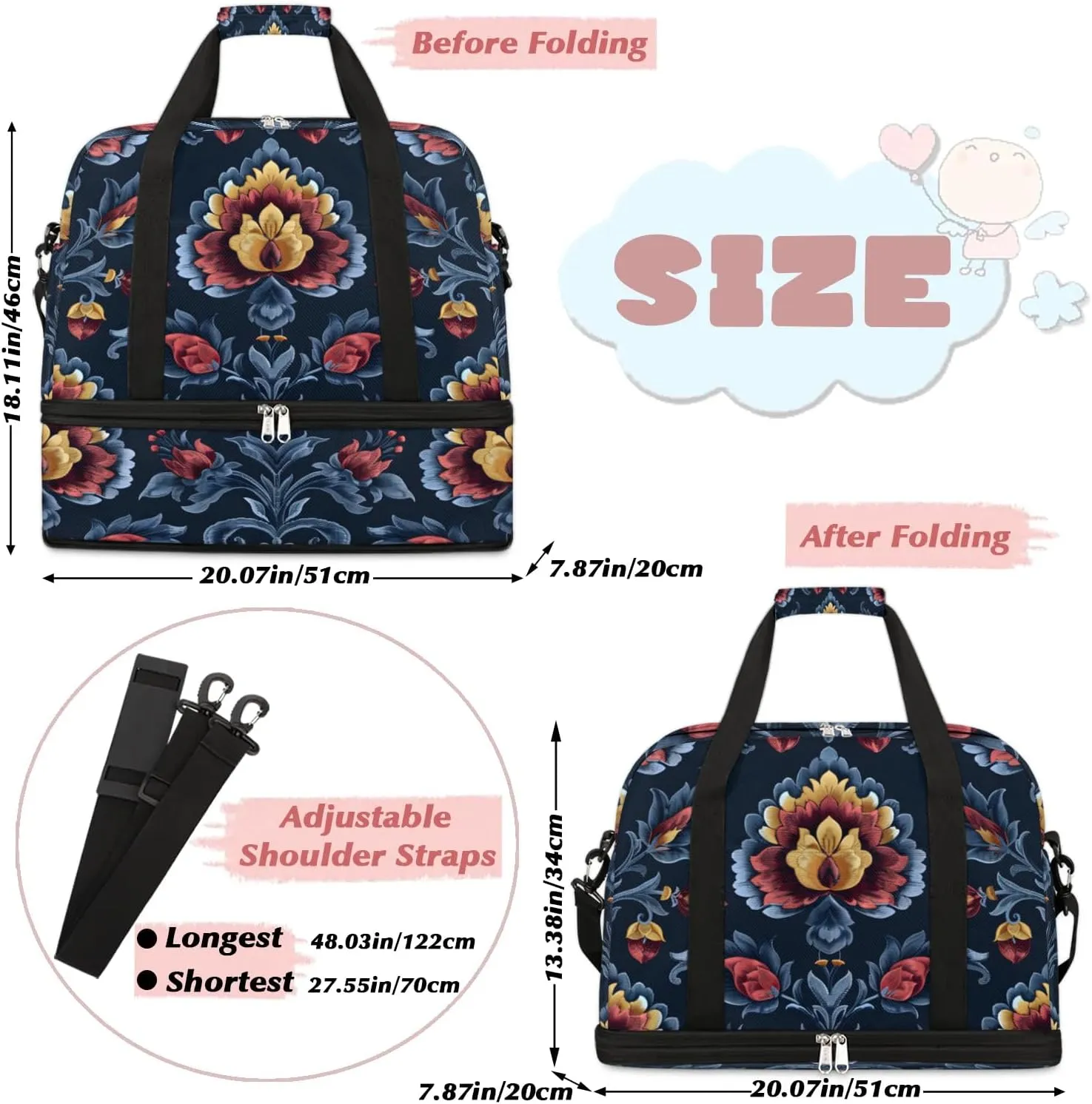 Boho Flower Print Travel Duffle Bag, Collapsible Travel Bag Sports Gym Bag With Shoes Compartment Weekender Bag Overnight Bag For Women Men
