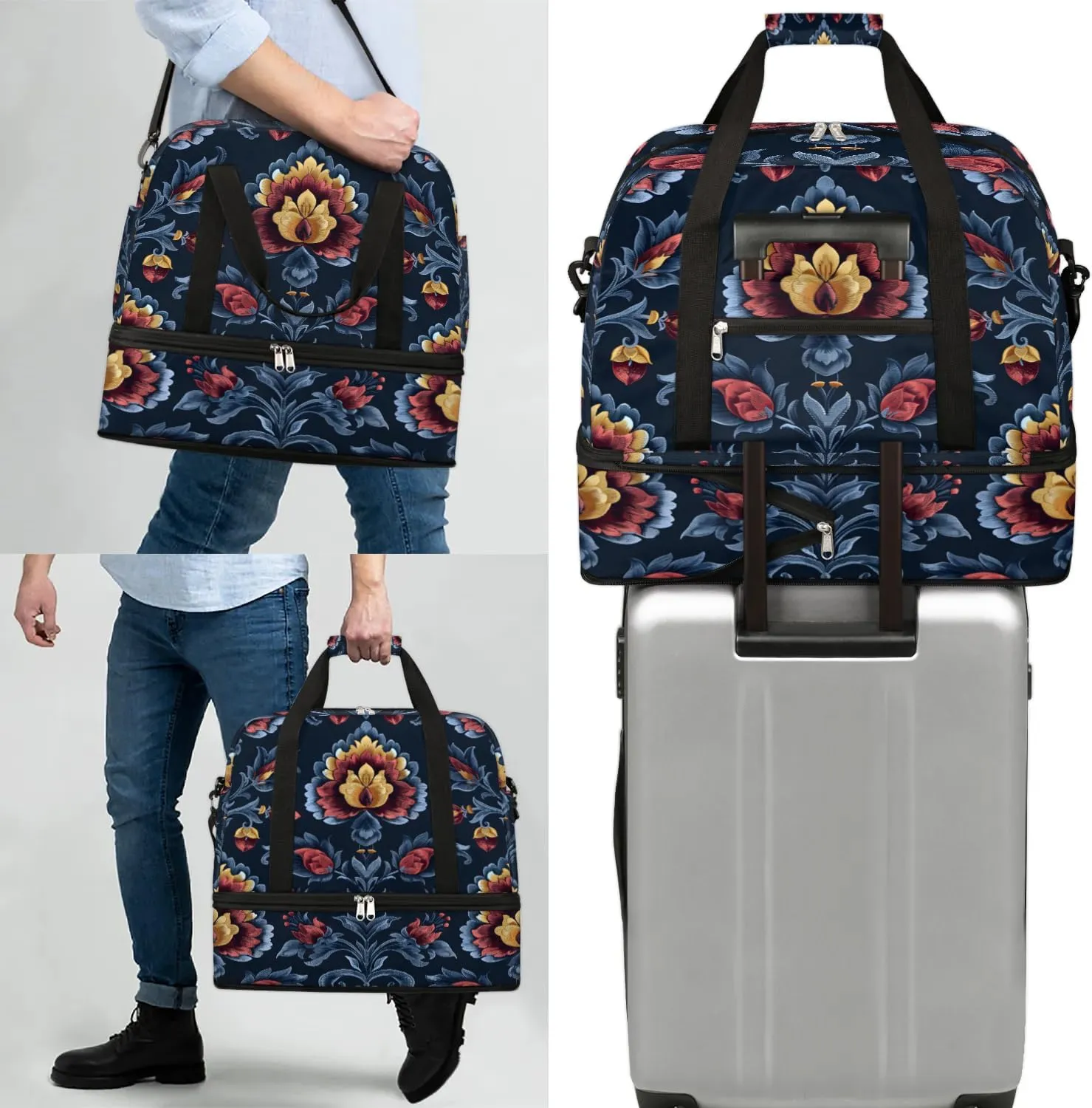 Boho Flower Print Travel Duffle Bag, Collapsible Travel Bag Sports Gym Bag With Shoes Compartment Weekender Bag Overnight Bag For Women Men