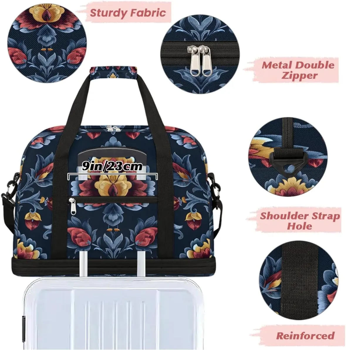 Boho Flower Print Travel Duffle Bag, Collapsible Travel Bag Sports Gym Bag With Shoes Compartment Weekender Bag Overnight Bag For Women Men