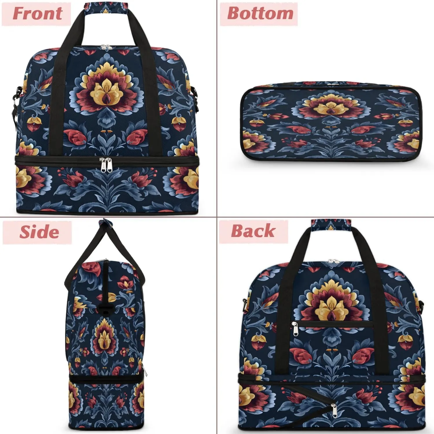 Boho Flower Print Travel Duffle Bag, Collapsible Travel Bag Sports Gym Bag With Shoes Compartment Weekender Bag Overnight Bag For Women Men