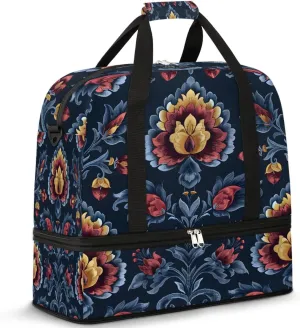 Boho Flower Print Travel Duffle Bag, Collapsible Travel Bag Sports Gym Bag With Shoes Compartment Weekender Bag Overnight Bag For Women Men