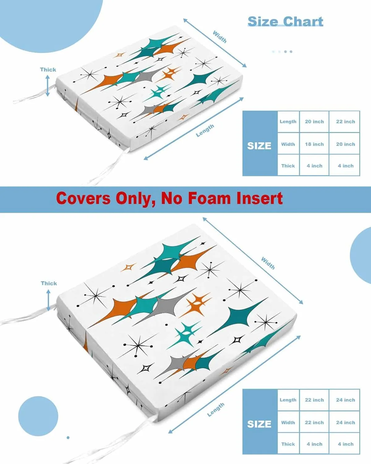 Boho Middle Century Outdoor Cushion Chair Cover Set of 2 - Waterproof Couch Seat Covers, Retro Orange Teal Grey Star Rhombus Patio Furniture Protector Cushions Slipcovers for Sofa/RV, 24"x24"x4"