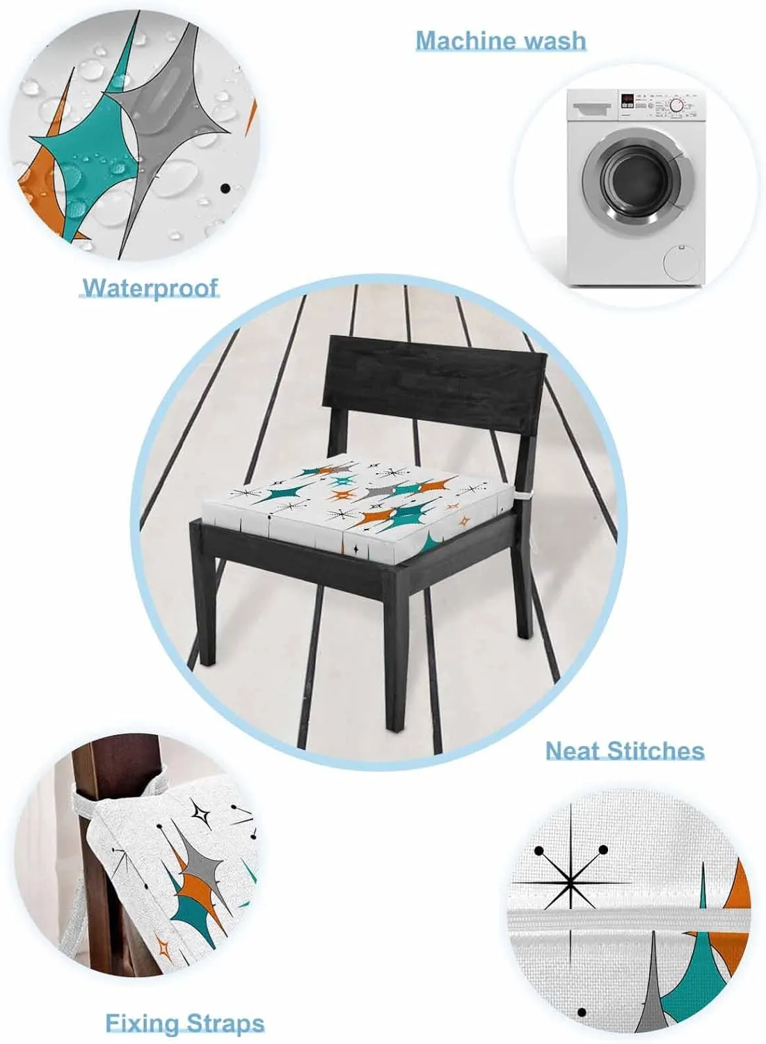 Boho Middle Century Outdoor Cushion Chair Cover Set of 2 - Waterproof Couch Seat Covers, Retro Orange Teal Grey Star Rhombus Patio Furniture Protector Cushions Slipcovers for Sofa/RV, 24"x24"x4"