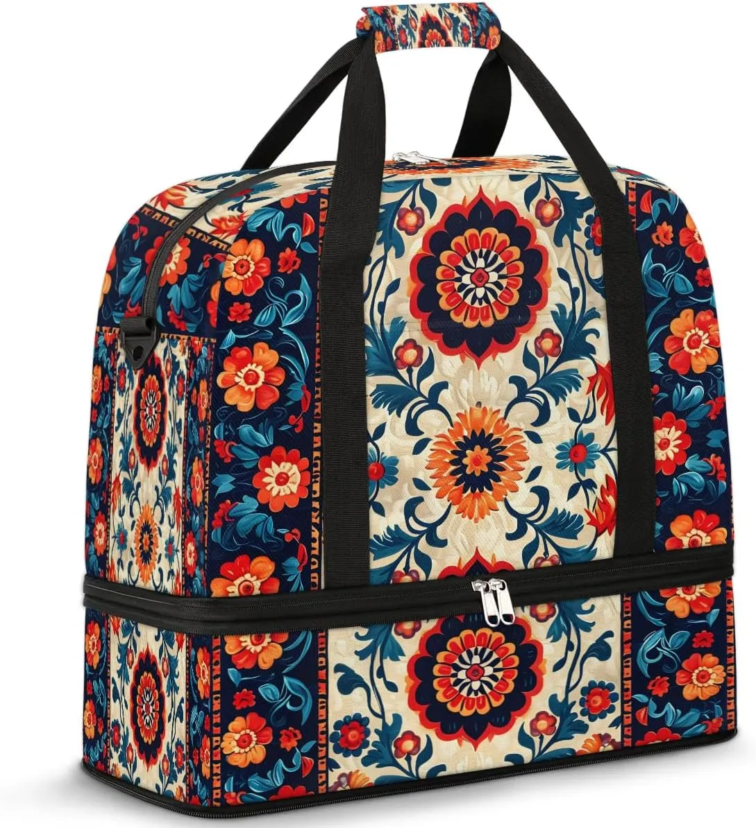 Boho Retro Colorful Travel Duffle Bag, Collapsible Travel Bag Sports Gym Bag With Shoes Compartment Weekender Bag Overnight Bag For Women Men